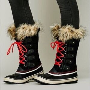Sorel Joan Of Arctic Winter Waterproof Lace Up Black Suede Faux Fur Trim Boots 7